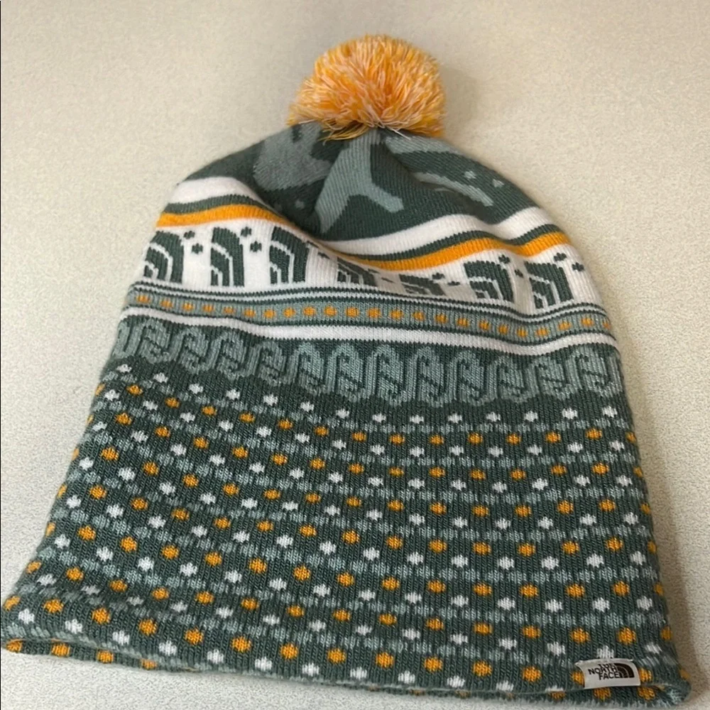 The North Face Green and Orange Knit Hat with Pom-Pom